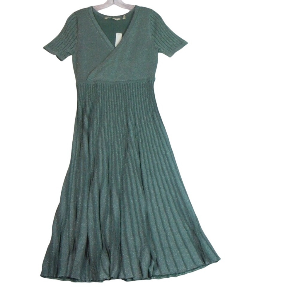 Soft Surroundings Green Silver Metallic Pleats Shimmer‎ Midi Dress Size PS NWT
